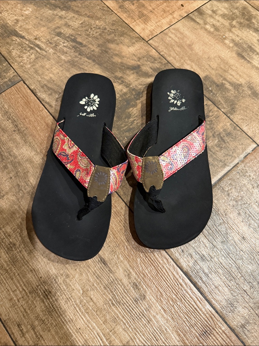 Yellow Box Black Flip Flop Sandals with Red Paisley Straps